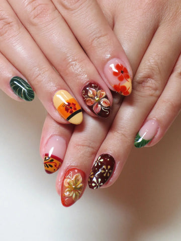 Handmade Tropical Hibiscus Autumnal Flora Multi-Color Artistic False Nails P92