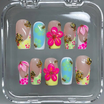 Handmade Tropical Neon Flower Turtle Polka Dot Gold Press on Nails Y40