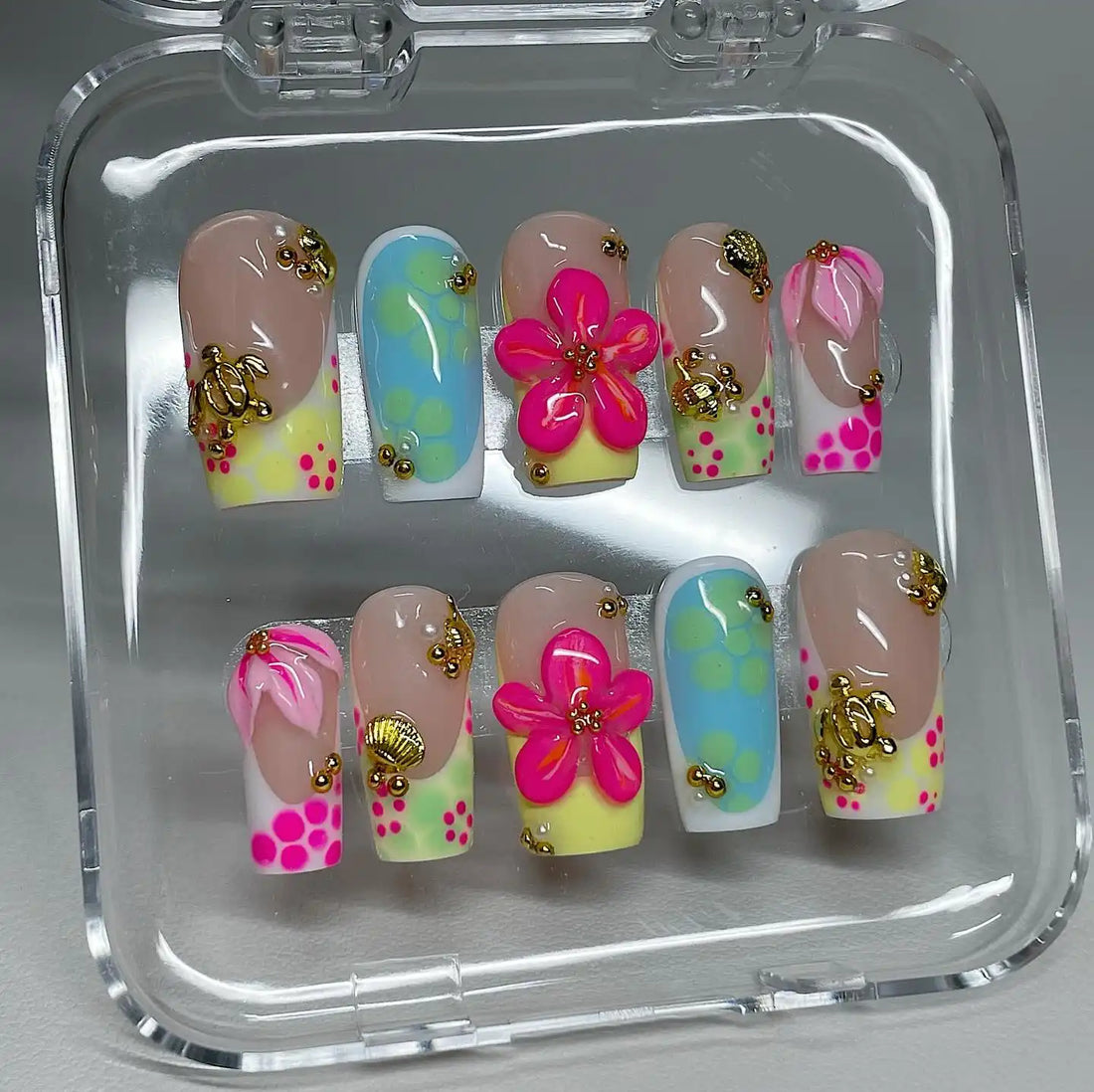 Handmade Tropical Neon Flower Turtle Polka Dot Gold Press on Nails Y40