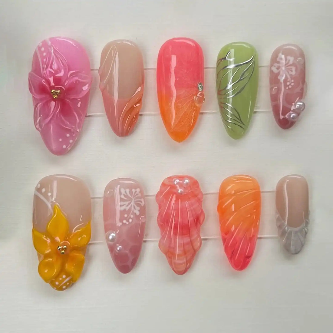 Handmade Tropical Orchid Leaf Shell Sunset Beach Art Press on Nails Z82
