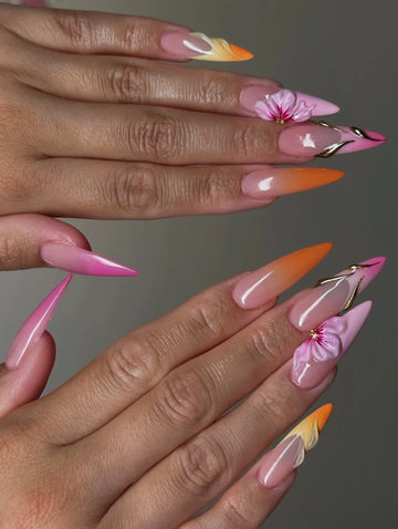 Handmade Tropical Pink Orange Ombre 3D Flower Summer Fake Nails X75