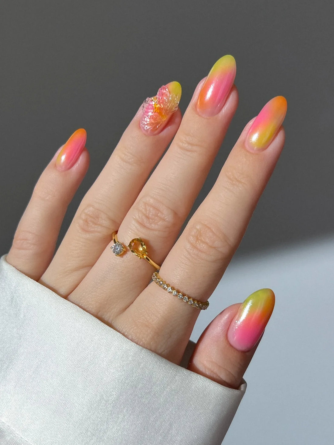 Handmade Tropical Pink Yellow Ombre Sunset 3D Flower Press on Nails Q08