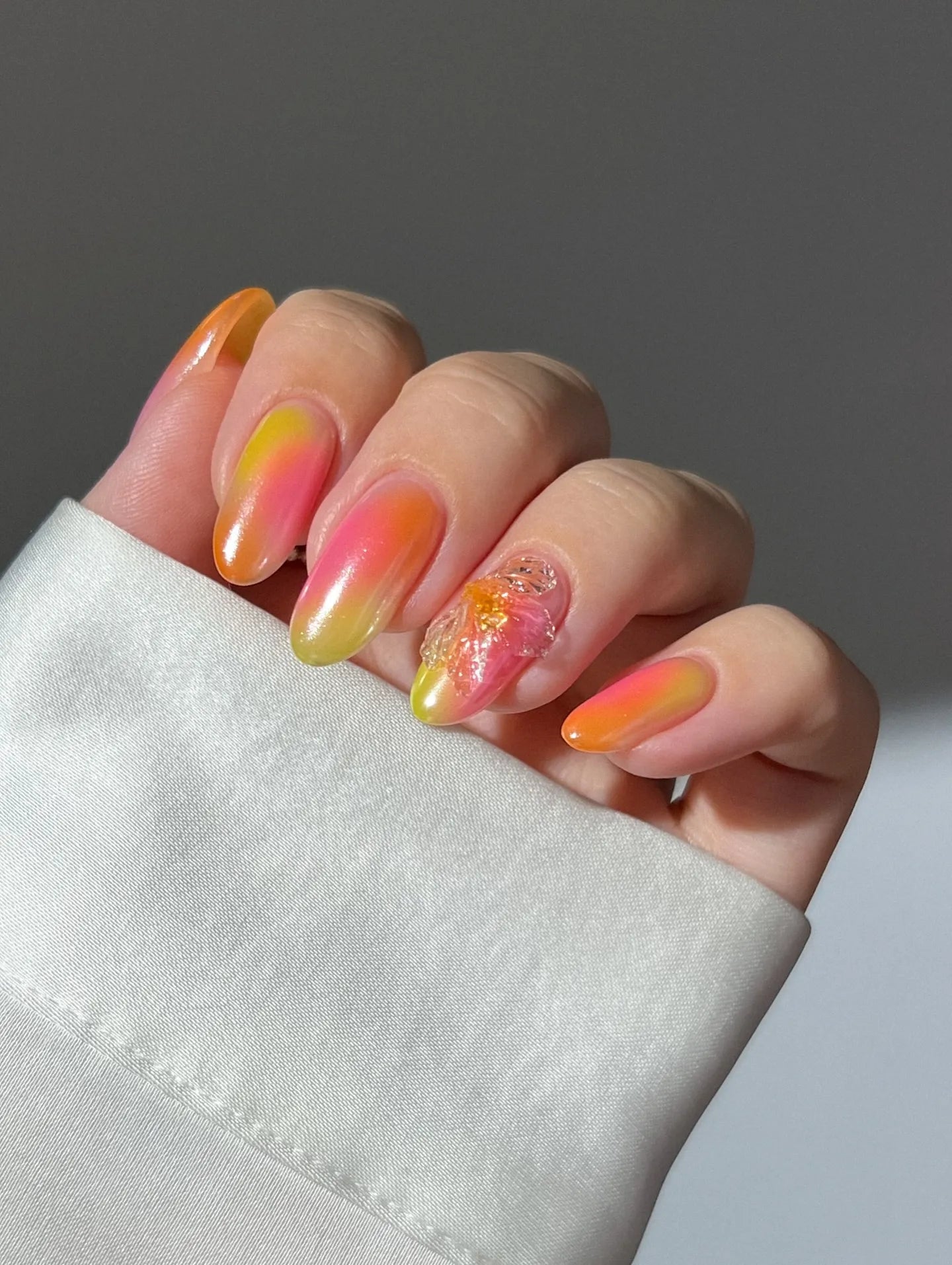 Handmade Tropical Pink Yellow Ombre Sunset 3D Flower Press on Nails Q08