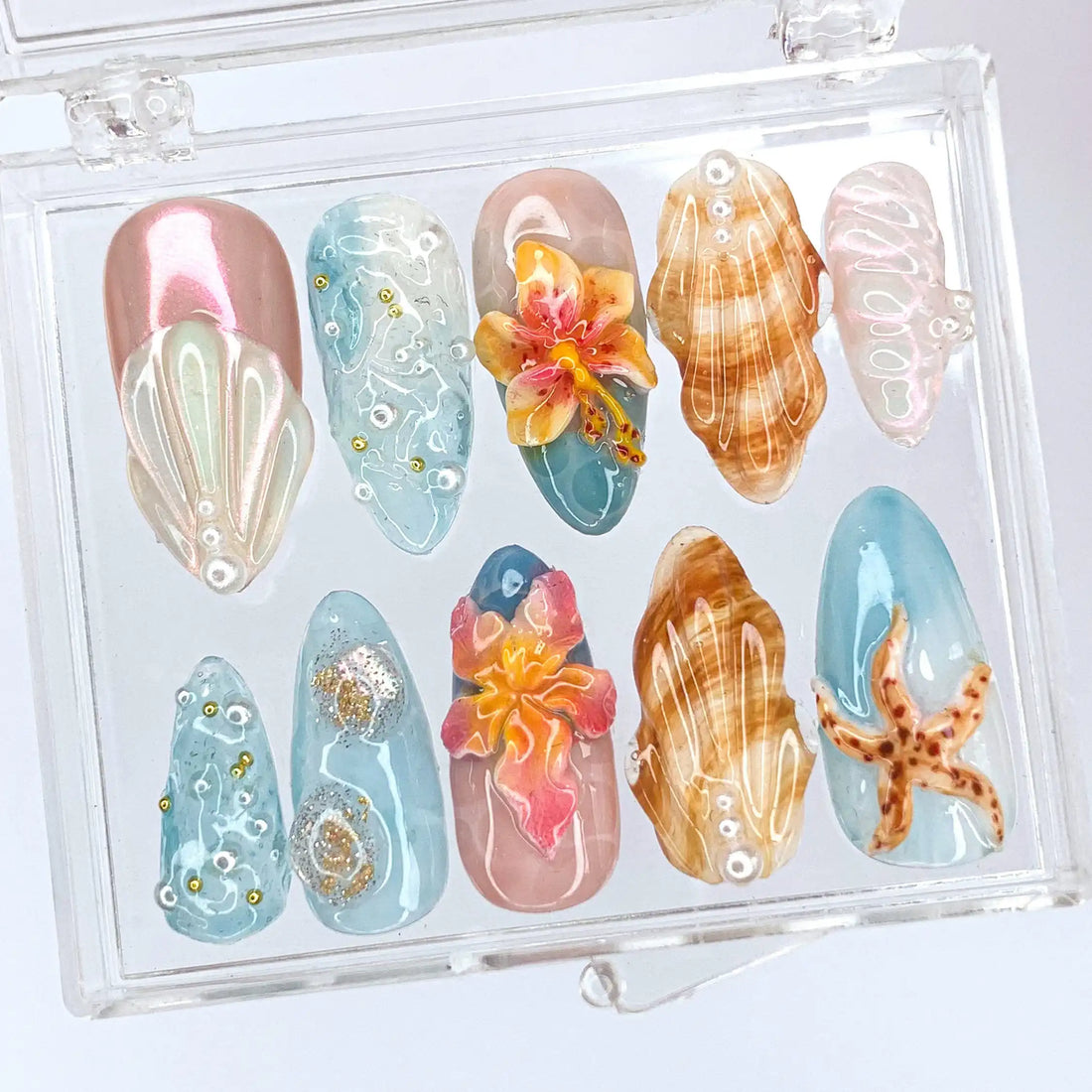 Handmade Tropical Starfish Shell Flower Glitter Ocean Press on Nails N67