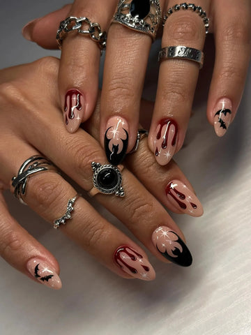 Handmade Vampire Bat Blood Drip Nude Sparkle Star Halloween Press on Nails PS8