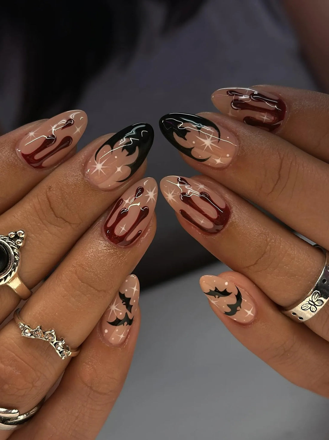 Handmade Vampire Bat Blood Drip Nude Sparkle Star Halloween Press on Nails PS8