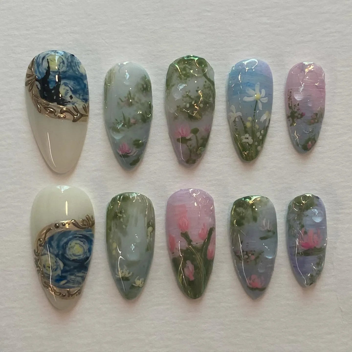 Handmade Van Gogh Starry Night Floral Art Gold Frame Press on Nails F72