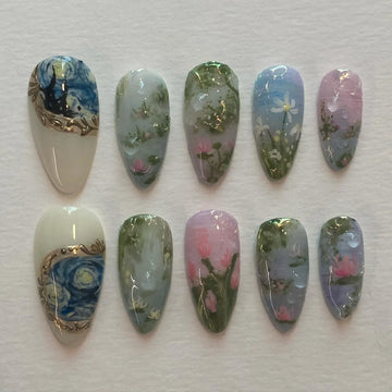 Handmade Van Gogh Starry Night Floral Art Gold Frame Press on Nails F72