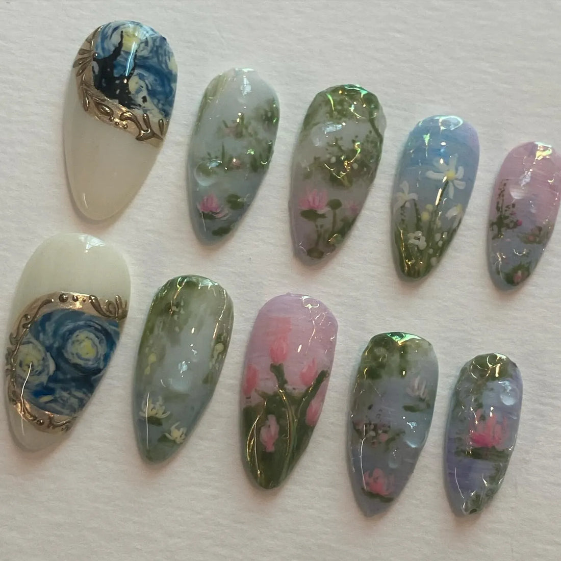 Handmade Van Gogh Starry Night Floral Art Gold Frame Press on Nails F72