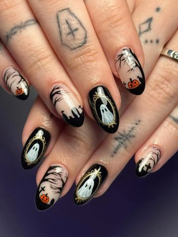 Handmade Vintage Black Graveyard Silhouette Gold Framed Ghost Press on Nails QA9