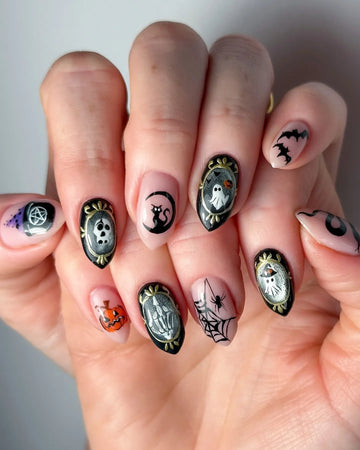 Handmade Vintage Gothic Gold Framed Skeleton Ghost Black Cat Press on Nails PZ3