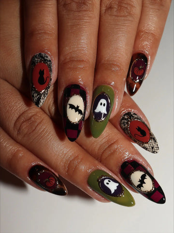 Handmade Vintage Olive Green Burgundy Plaid Mirror Portrait Ghost Fake Nails PV1