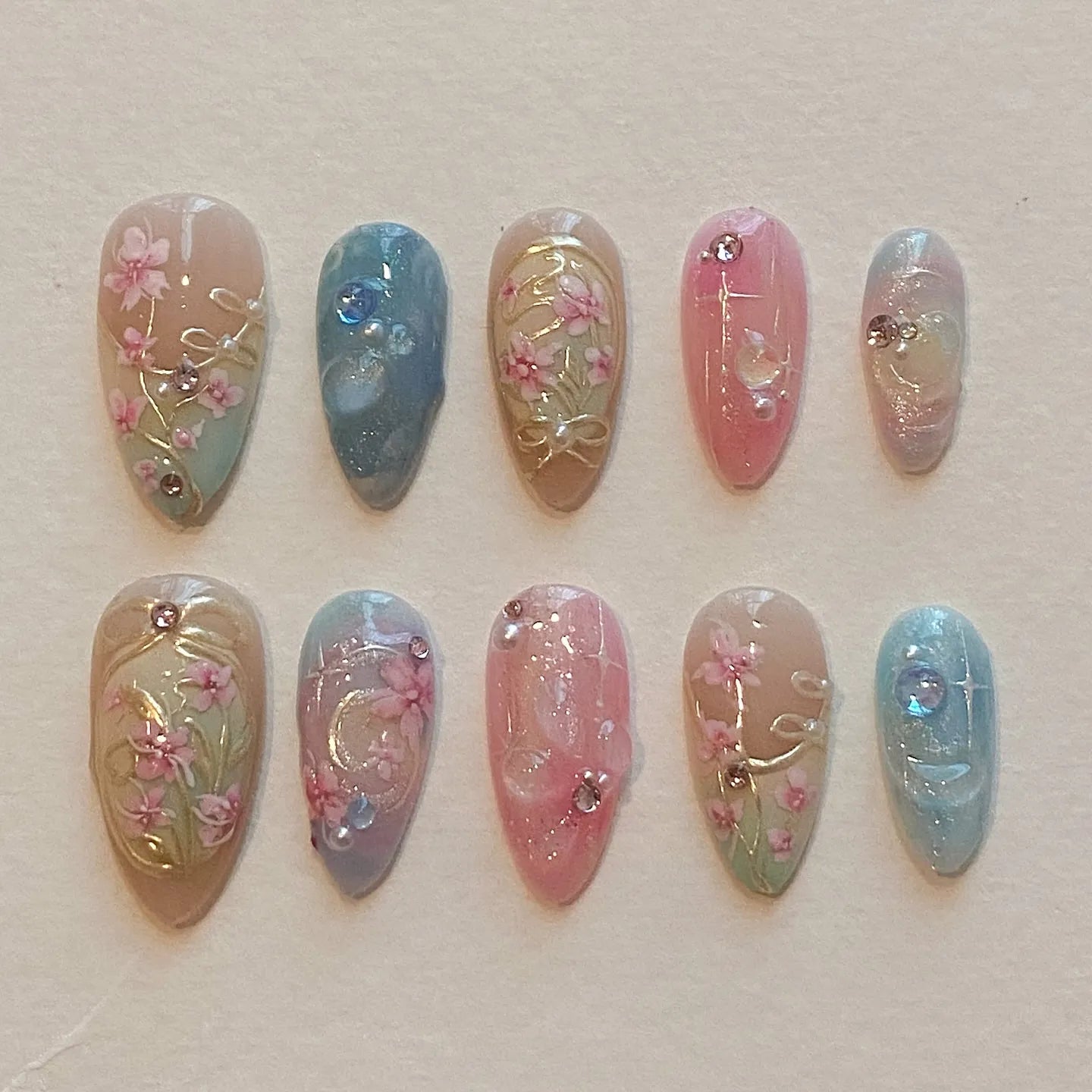Handmade Vintage Pastel Floral Pink Blue Rhinestone Wedding Press on Nails K20