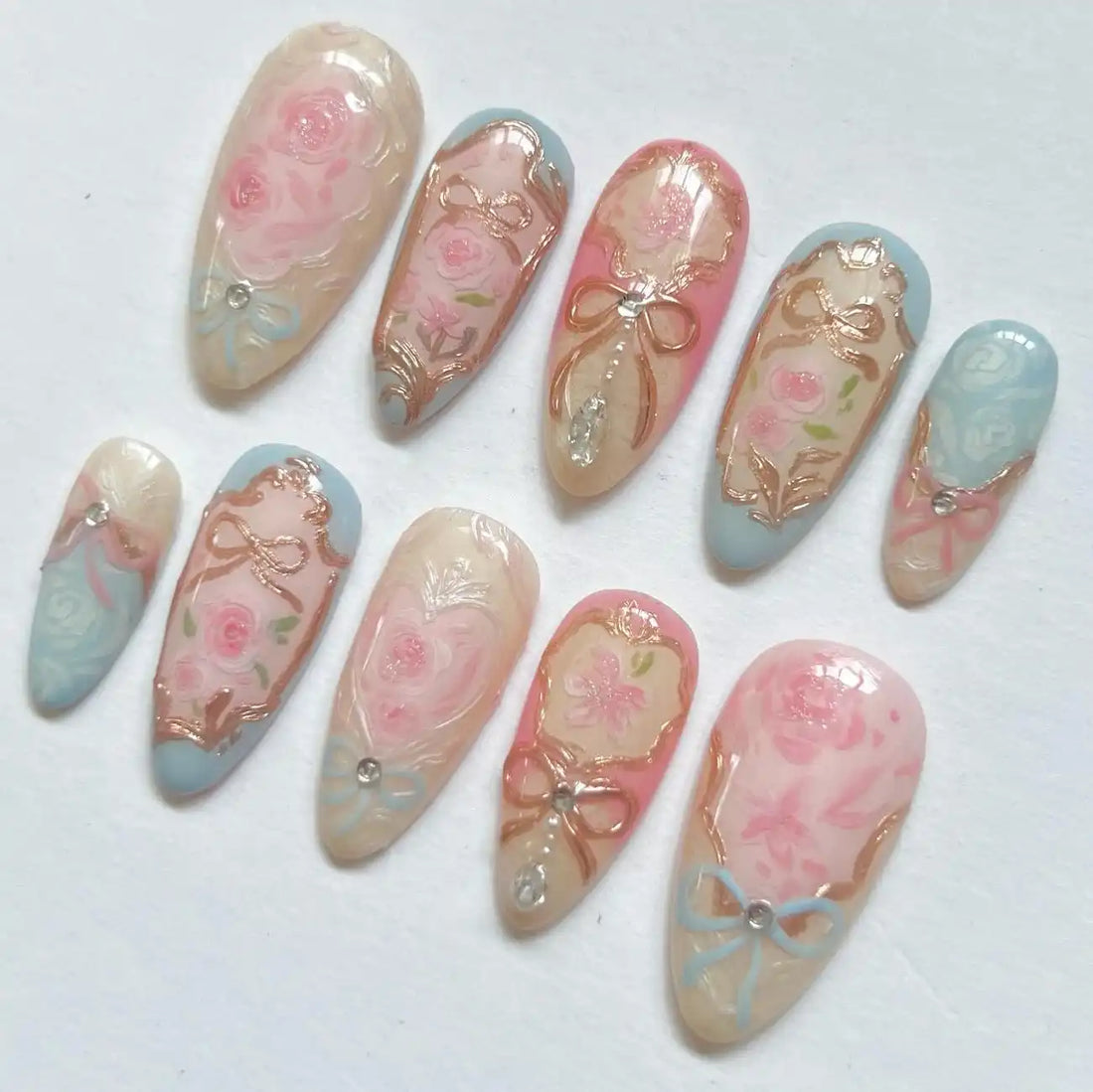Handmade Vintage Pink Blue Rose Gold Bow Pastel Wedding Event Press on Nails B57