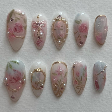 Handmade Vintage Pink Rose Gold Frame Romantic Press on Nails F29
