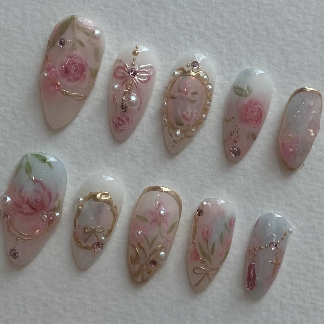 Handmade Vintage Pink Rose Gold Frame Romantic Press on Nails F29