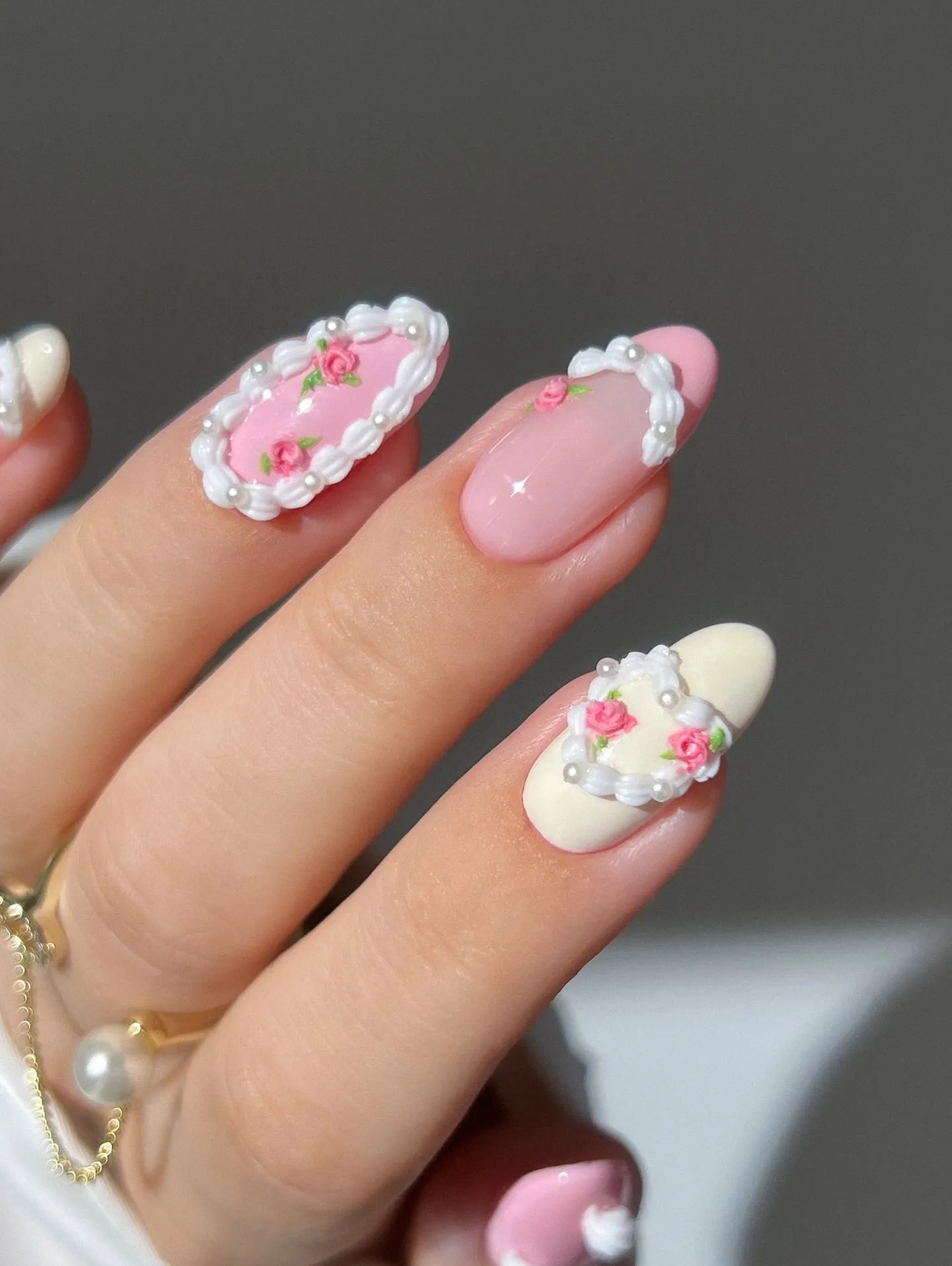 Handmade Vintage Pink White 3D Rose Pearl Coquette Dolly Press on Nails T91
