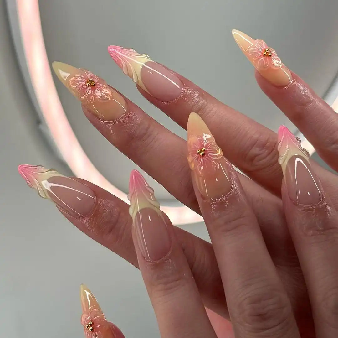 Handmade Vibrant Blossom Summer in Pink and Yellow Press on Nails N91