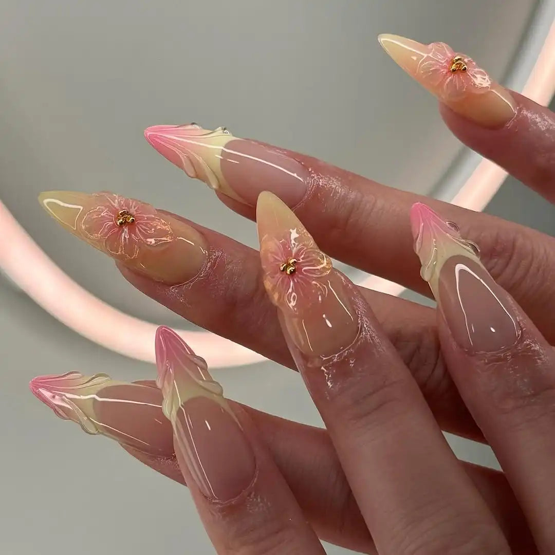 Handmade Vibrant Blossom Summer in Pink and Yellow Press on Nails N91