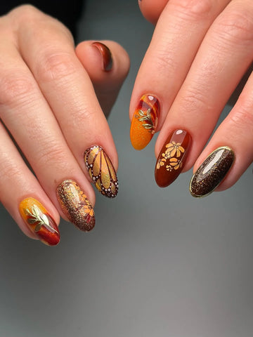 Handmade Warm Harvest Amber Shimmer Butterfly Wing Gold Leaf Press on Nails QB7