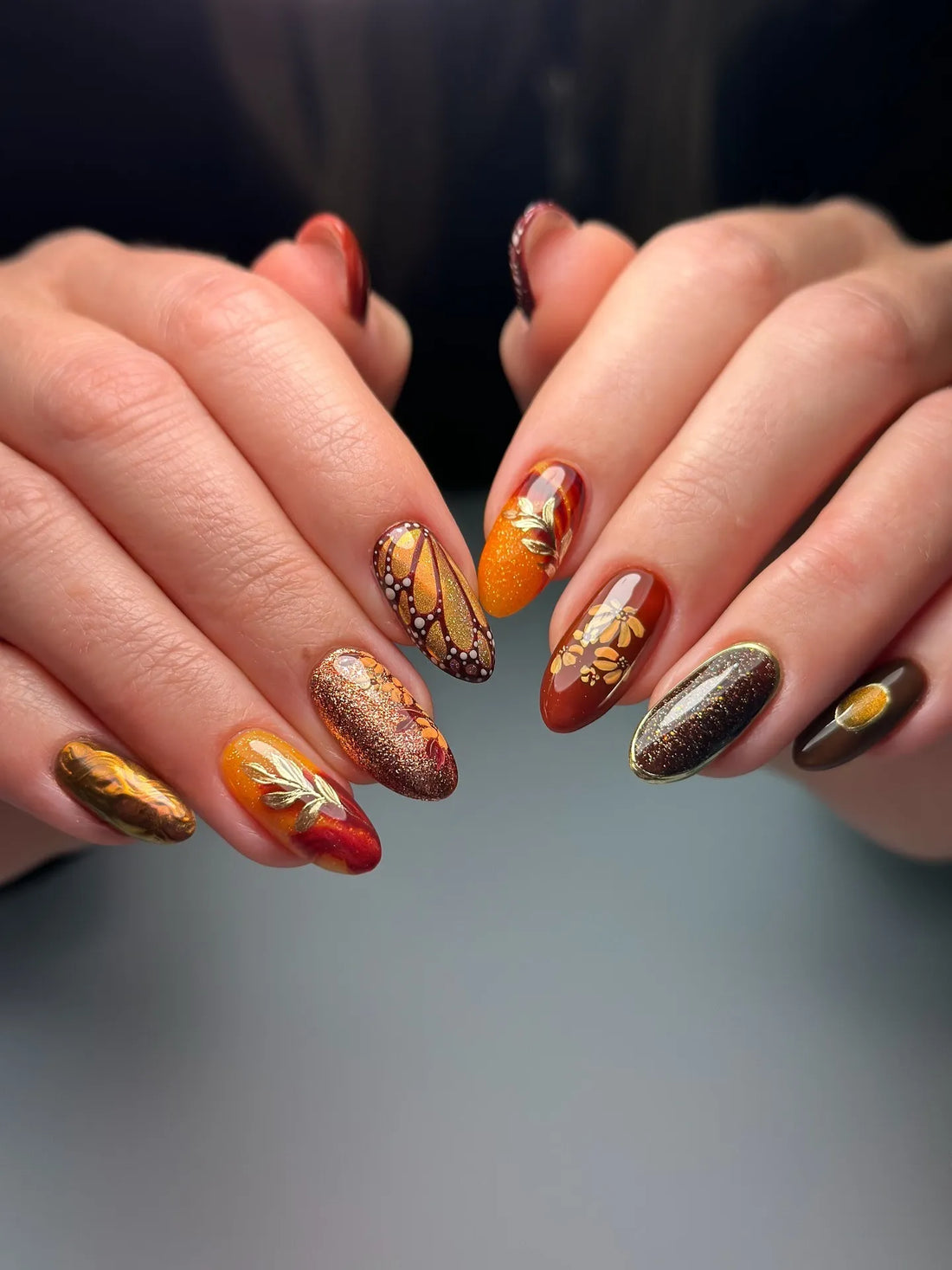 Handmade Warm Harvest Amber Shimmer Butterfly Wing Gold Leaf Press on Nails QB7