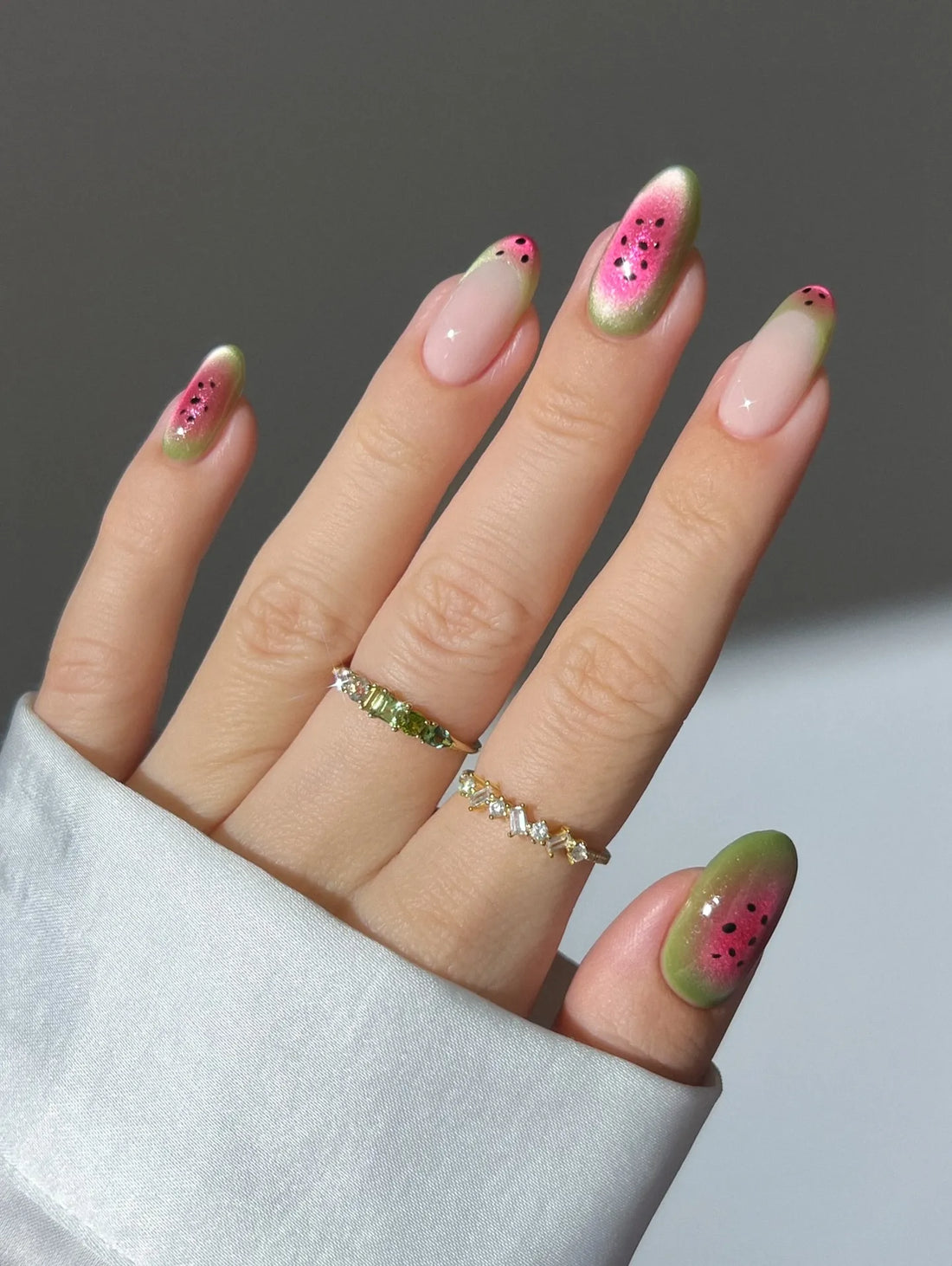 Handmade Watermelon Pink Green Cat Eye Chrome Summer Fruit Press on Nails N46