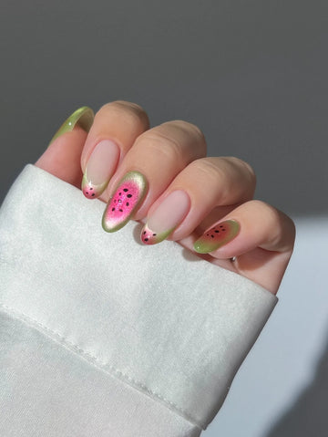 Handmade Watermelon Pink Green Cat Eye Chrome Summer Fruit Press on Nails N46