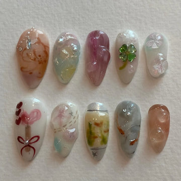 Handmade Whimsical Koi Fish Clover Heart Pastel Watercolor Fantasy Press on Nails P87