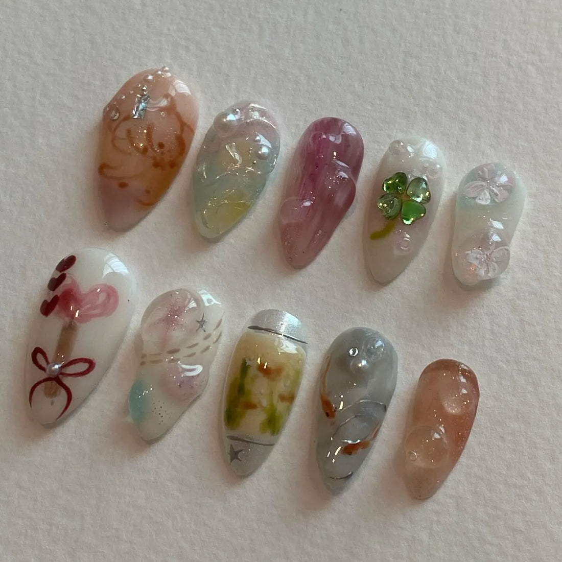 Handmade Whimsical Koi Fish Clover Heart Pastel Watercolor Fantasy Press on Nails P87