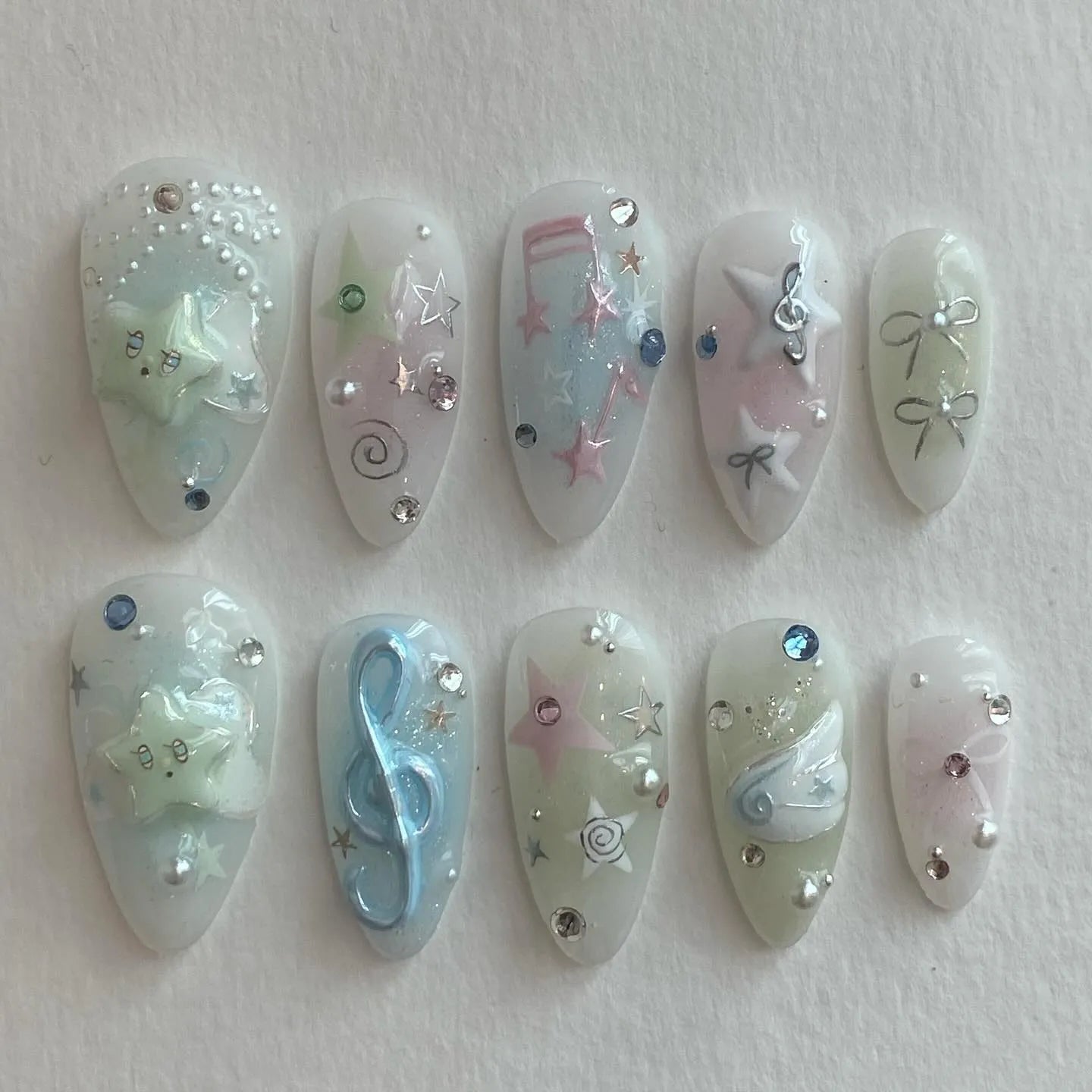 Handmade Whimsical Star Music Note Bow Pearl Pastel Aesthetic Press on Nails Z07