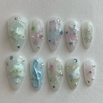 Handmade Whimsical Star Music Note Bow Pearl Pastel Aesthetic Press on Nails Z07