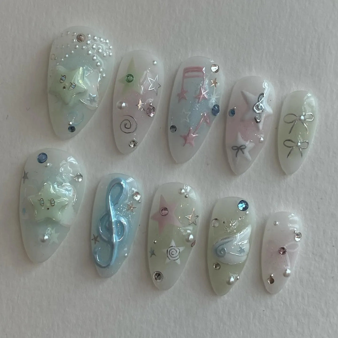 Handmade Whimsical Star Music Note Bow Pearl Pastel Aesthetic Press on Nails Z07