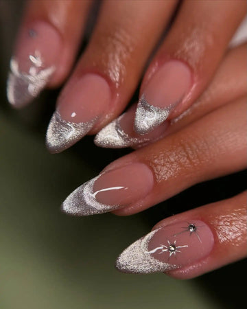 Handmade White Cat Eye and Silver Glitter French Tip Press on Nails B68