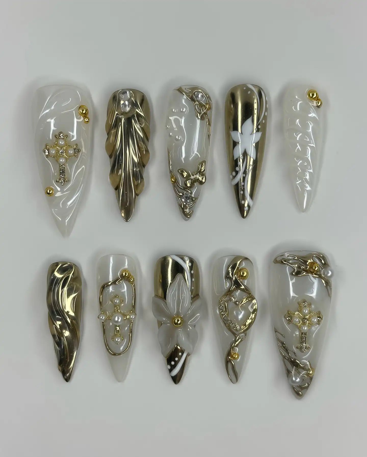 Handmade White Gold Charm Pearl Flower Wedding Press on Nails R15