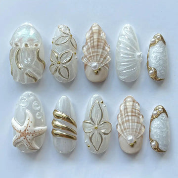 Handmade White Gold Seashell Starfish Jellyfish Ocean Press on Nails N03