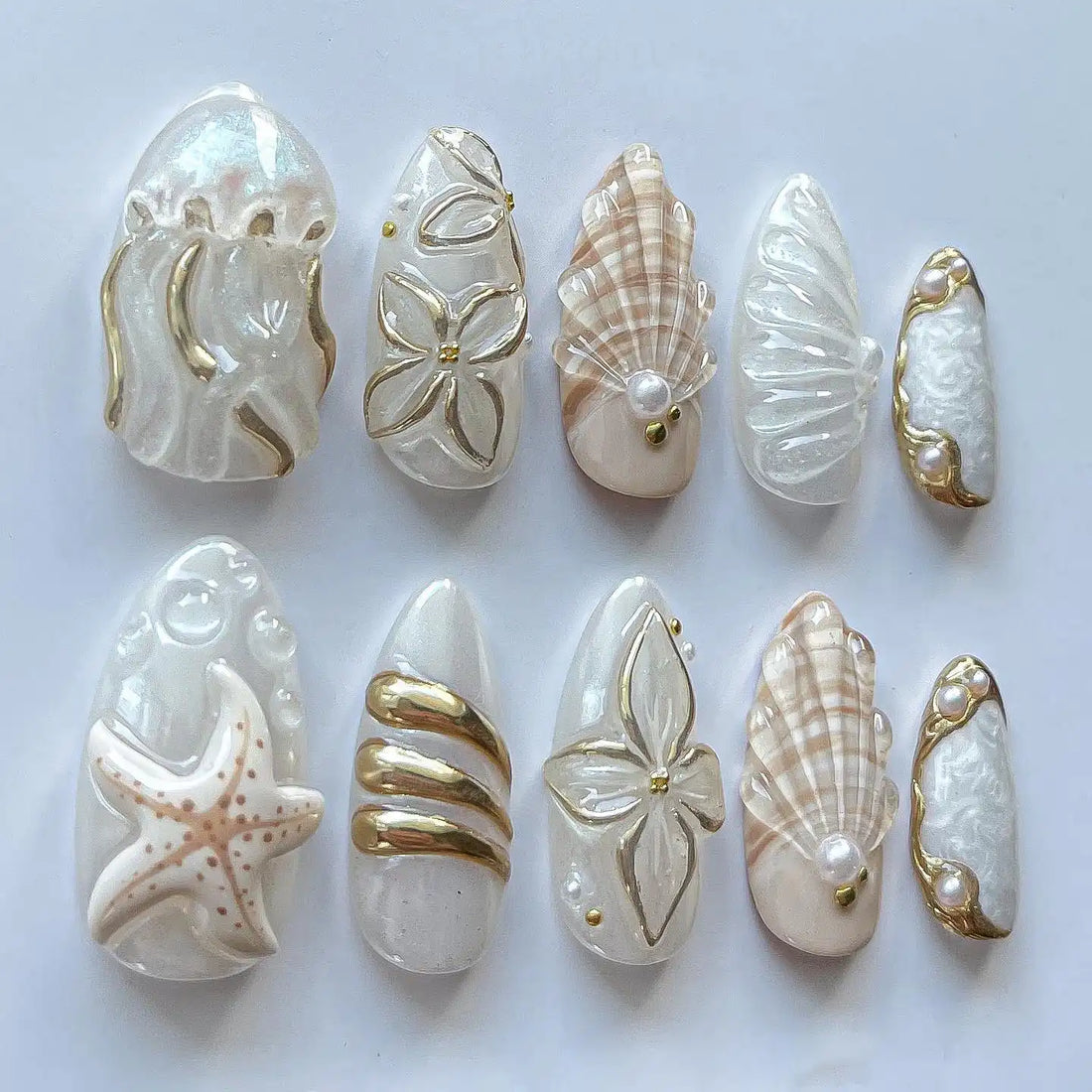 Handmade White Gold Seashell Starfish Jellyfish Ocean Press on Nails N03