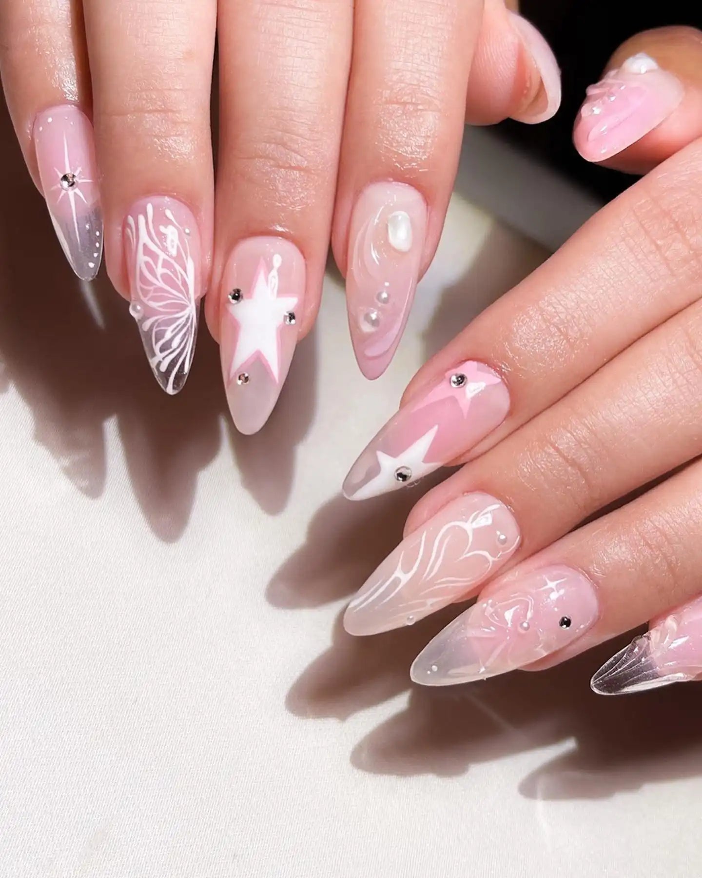 Handmade White Liners Stars and Butterfly Heart in Pink Press on Nails E02