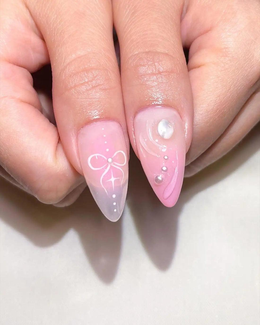 Handmade White Liners Stars and Butterfly Heart in Pink Press on Nails E02