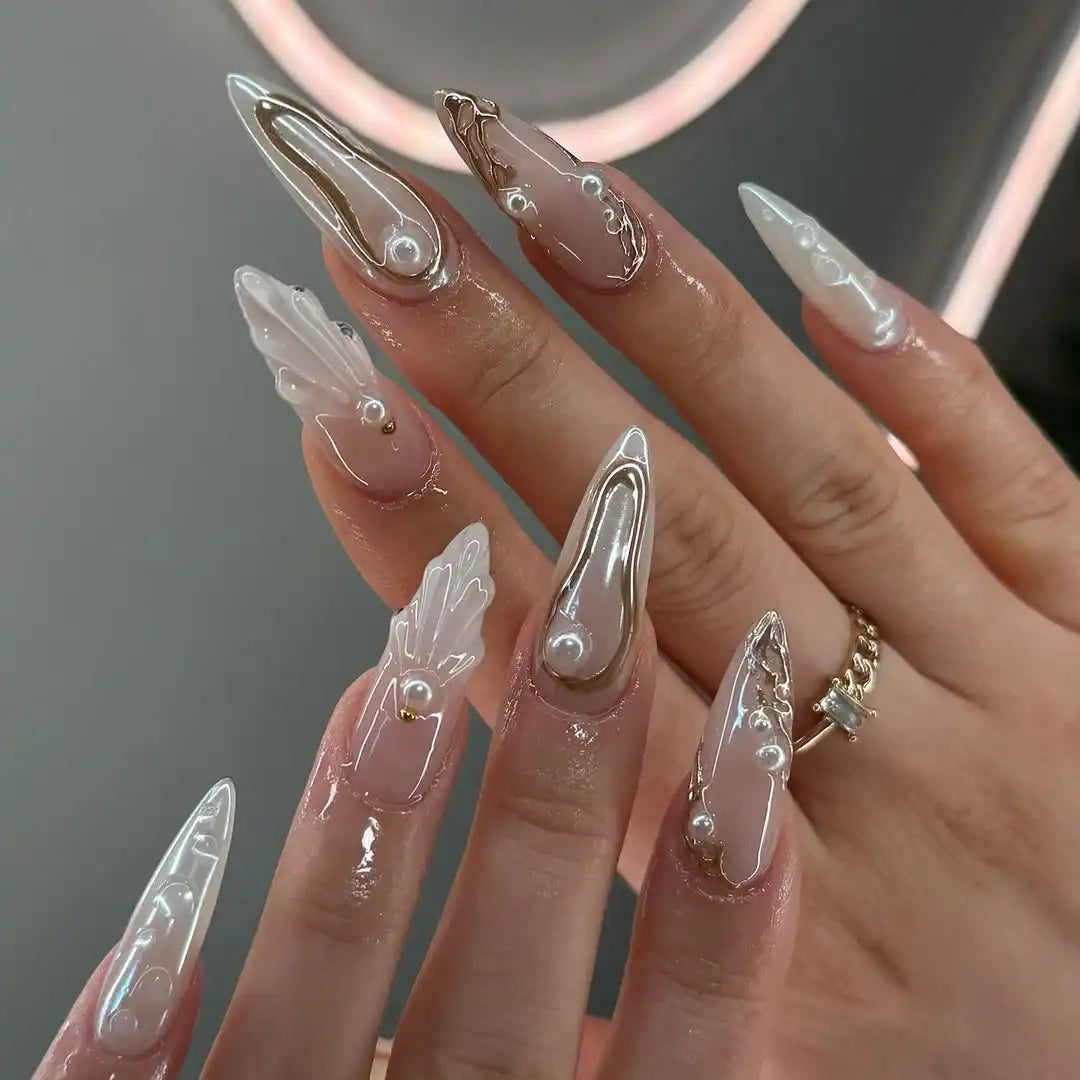 Handmade White Pearls Mermaid with Gold Press on Nails T68