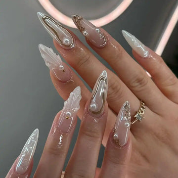 Handmade White Pearls Mermaid with Gold Press on Nails T68