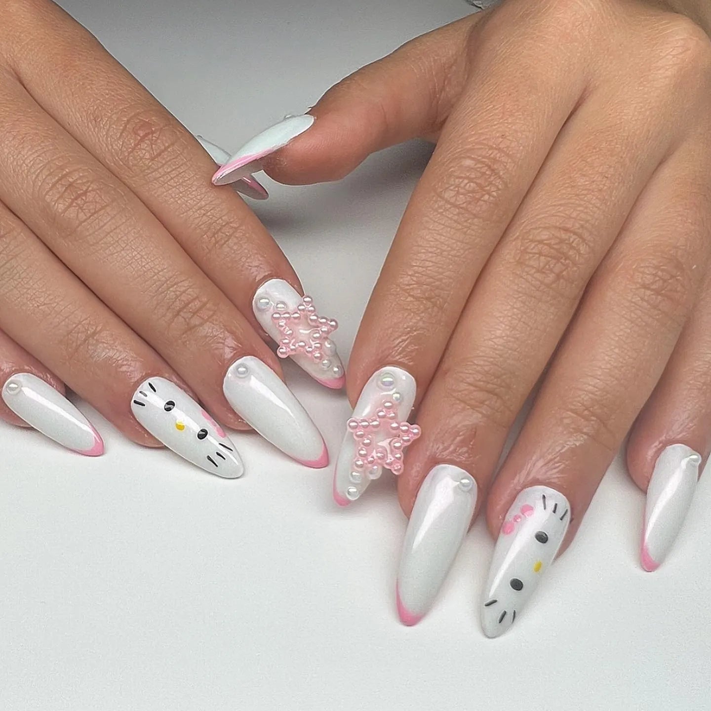 Handmade White Pink French Tip Kitty Cat Charm Cute Press on Nails K93