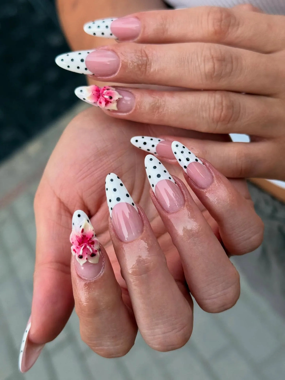 Handmade White Polka Dot French Tip Pink Floral Summer Press on Nails F10