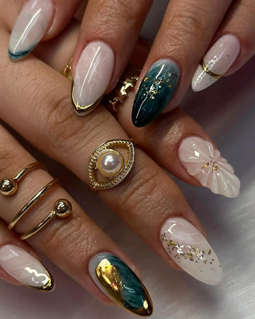 Handmade White and Emerald Design Press on Nails with Gold Foil Accents C42