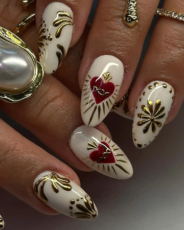 Handmade White and Gold Sacred Heart Floral Press on Nails W73