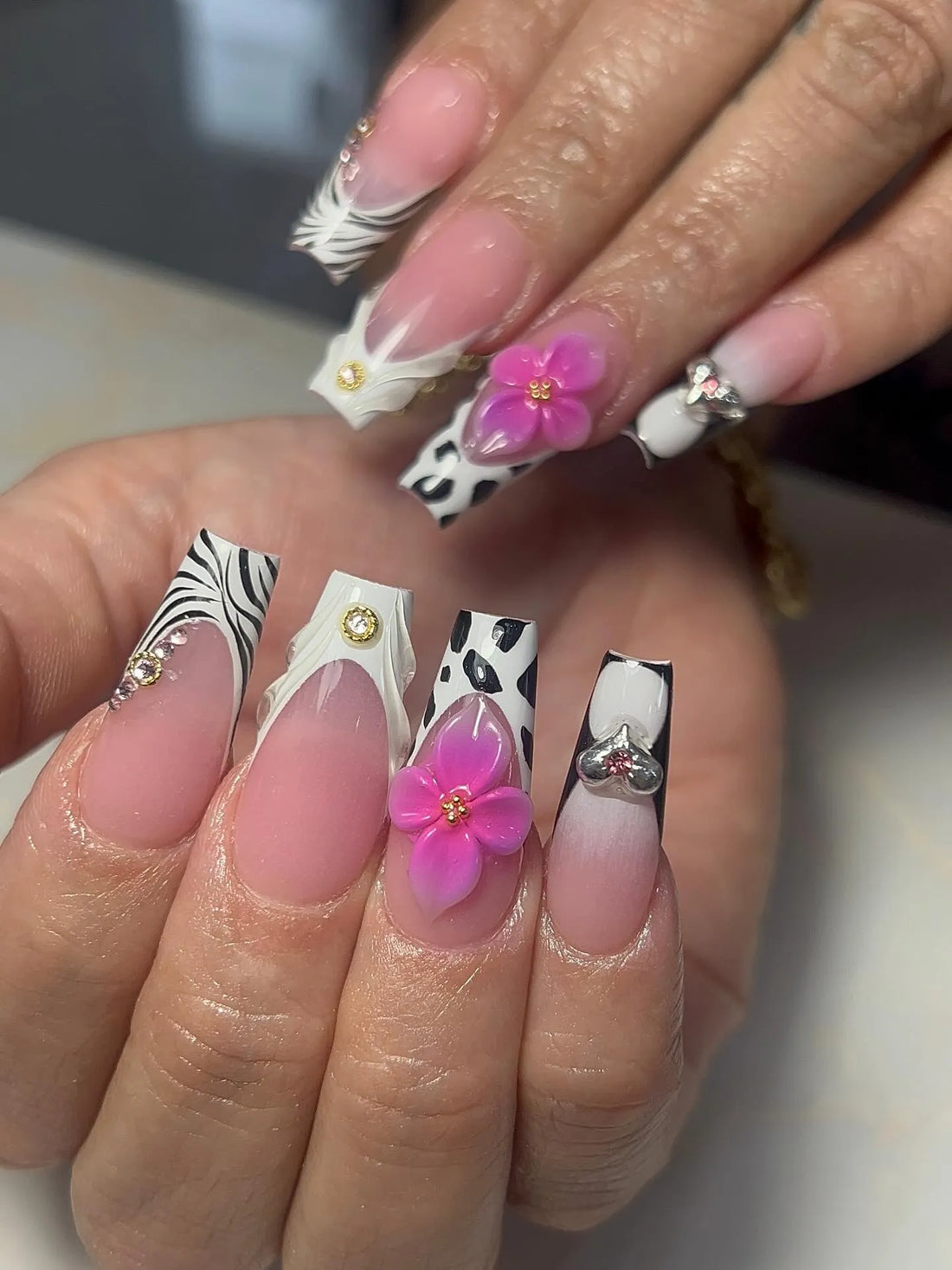 Handmade Animal Print 3D Floral Luxury Press on Nails T32