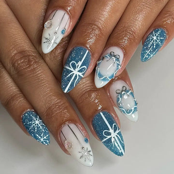 Handmade Winter Christmas Snowflake Gift Bow Blue Press on Nails X03