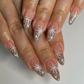 Handmade Winter Snowflake Gold Glitter French Festive Press on Nails U48