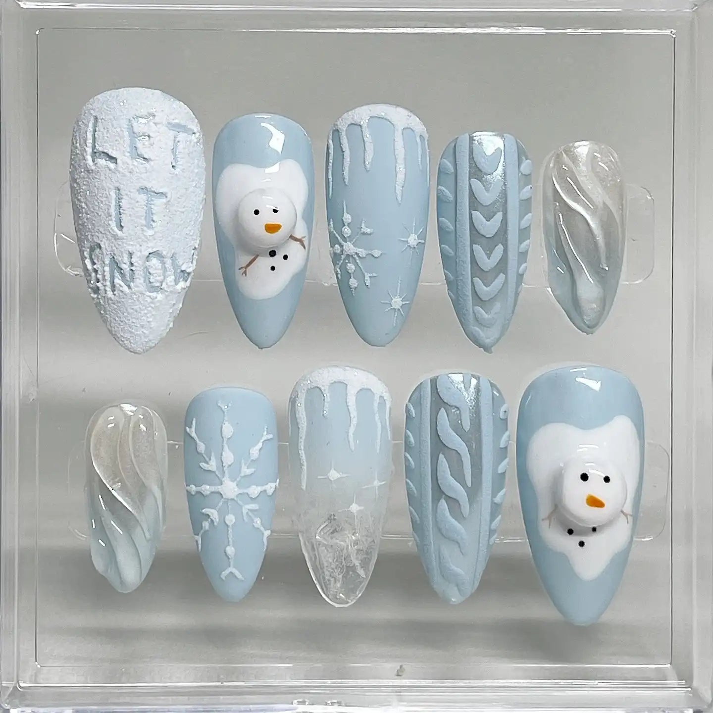 Handmade Winter Snowman Sweater Snowflake Blue Press on Nails K04