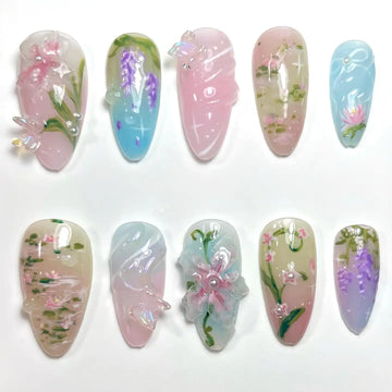 Handmade Lily Pond Floral Garden Fairycore Pastel Spring Press on Nails V72