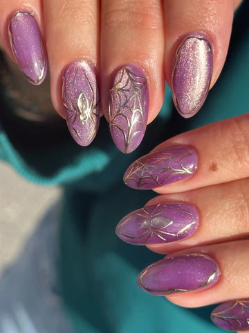 Handmade Witchy Gothic Deep Purple Shimmer Cat Eye Spider Web Press on Nails PU3